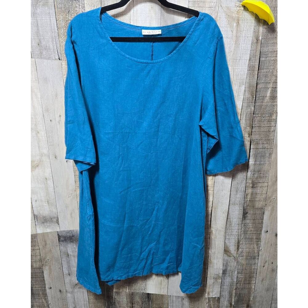 Bryn Walker Teal Linen Oversized Shirt Dress Minimalist Gorpcore Trendy Girly